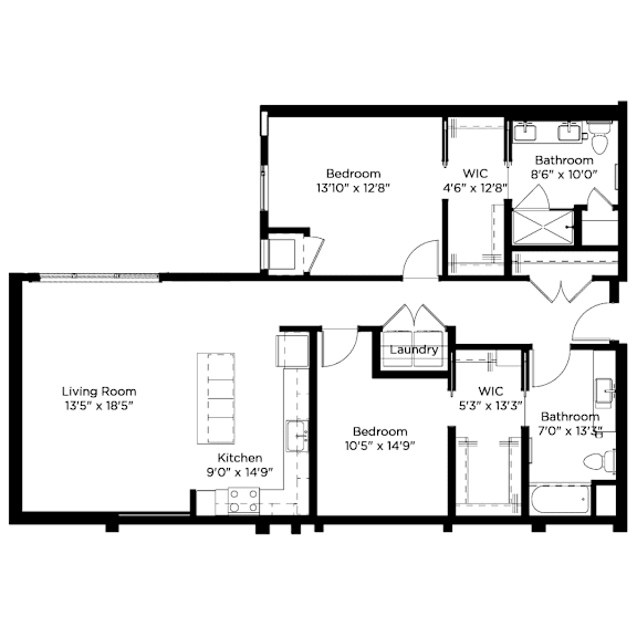 A floor plan of a house with a living room, kitchen, two bedrooms, a bathroom, and a laundry room.