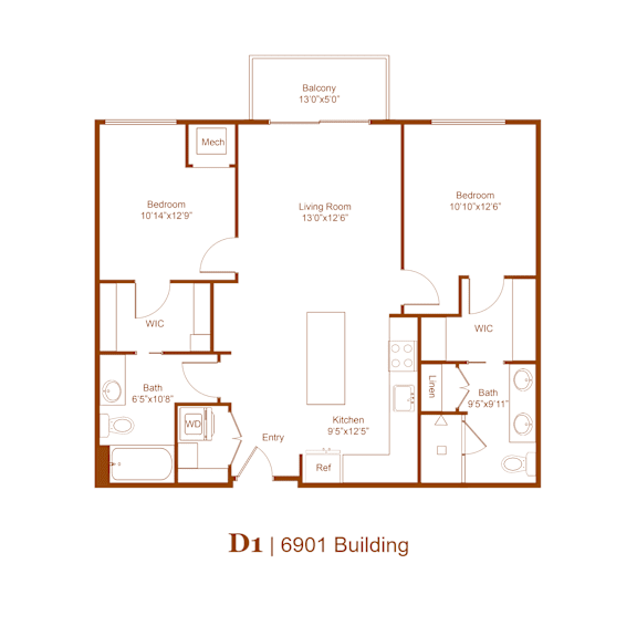 A floor plan of a building with a balcony, two bedrooms, a living room, a kitchen, a bathroom, a wood-burning stove, and an entry.