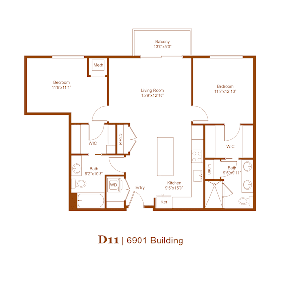 A floor plan of a building with a living room, two bedrooms, a bathroom, a kitchen, a study, and a balcony.