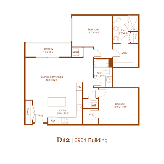 A floor plan of a building with rooms labeled, including a living room, kitchen, and two bedrooms.