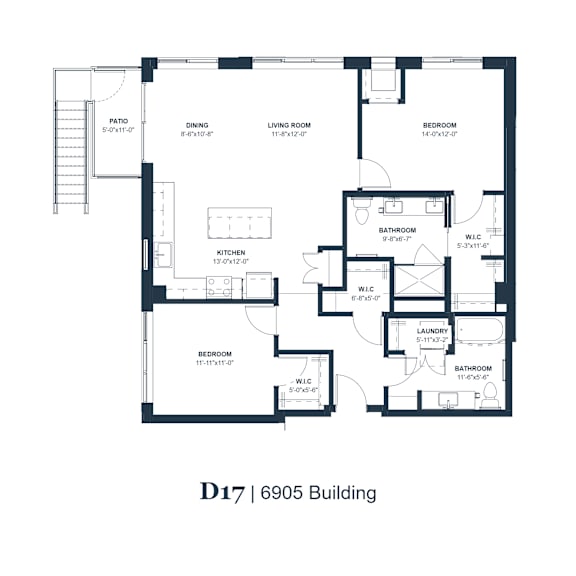 A floor plan of apartment D17 in the 6905 Building.