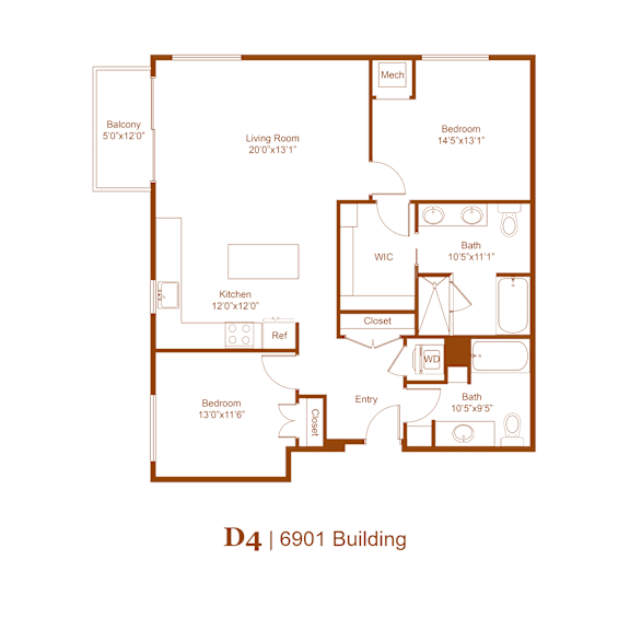 A floor plan of a D4 6901 Building with a kitchen, living room, bathrooms and bedrooms.