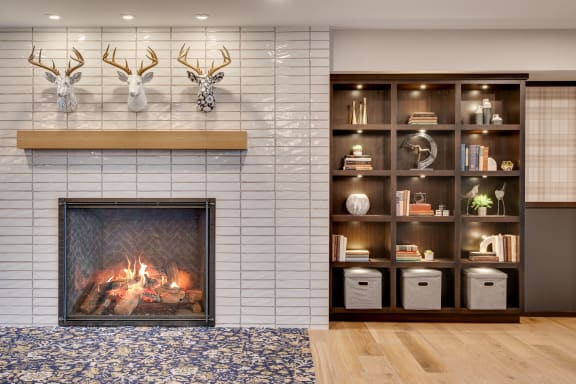 a living room with a fireplace and shelving
