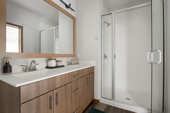 a bathroom with a sink and a shower