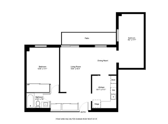 A floor plan of a home with a living room, dining room, kitchen, bathroom, and entry.