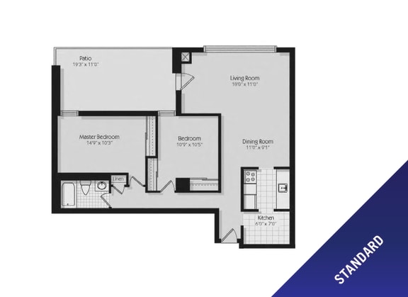 Floor plan of 2 bed, 1 bath, in standard layout  apartment with balcony access at 190 Cityview Apartments in Brampton, ON