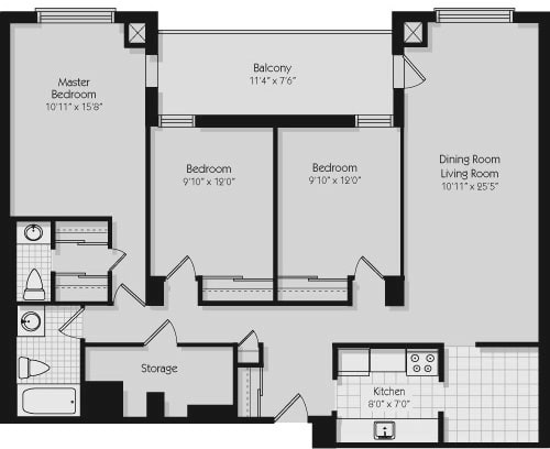 190 CityView Apartments 3 bedroom, 2 bathroom floor plan variation A in Brampton, O