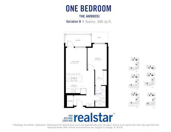 a floor plan of one bedroom one bathroom apartment at The Ambrosi in Kelowna BC