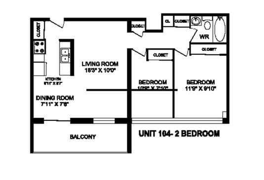 A floor plan of a 2 bedroom apartment.
