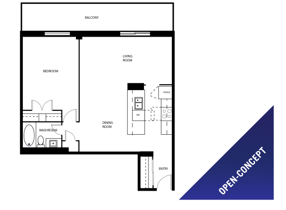One bedroom, one bathroom open-concept apartment layout at St. Lawrence Village in St. Catharines