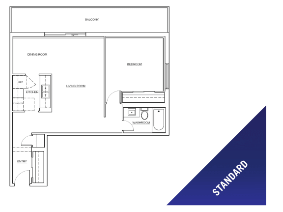 One bedroom, one bathroom standard apartment layout at St. Lawrence Village in St. Catharines