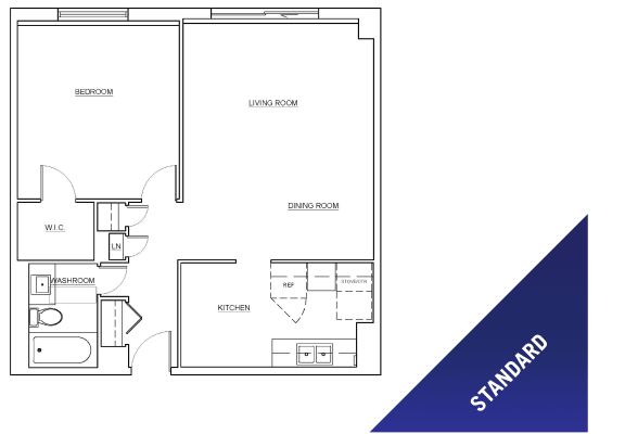 One bedroom, one bathroom standard apartment layout at 49 Leaside at St. Lawrence Village in St. Catharines
