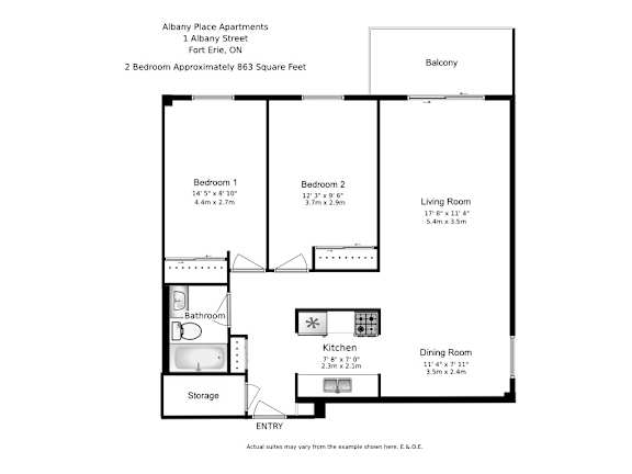 A floor plan for Albany Place Apartments shows two bedrooms, a living room, a dining room, a kitchen, a bathroom, and storage.