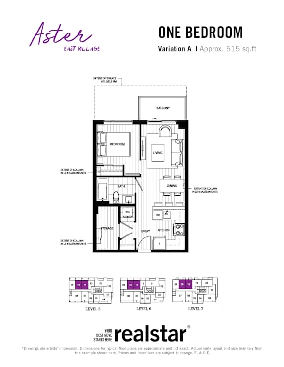 A floor plan for a one bedroom apartment by Aster East Village.
