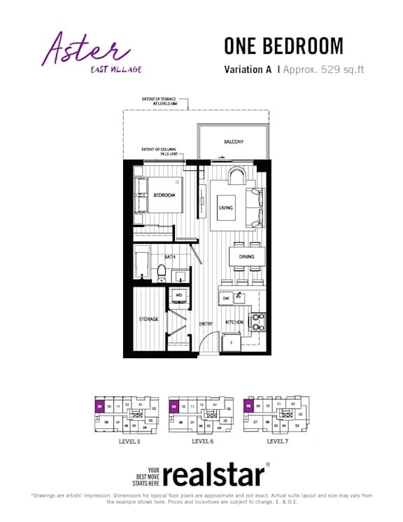 A floor plan for a one bedroom apartment with a balcony.