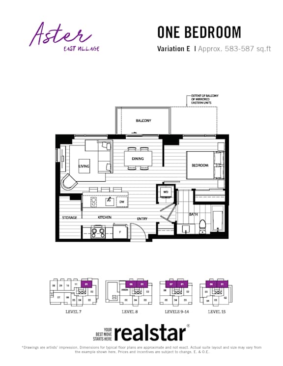 A floor plan for a one bedroom apartment at Aster East Village.