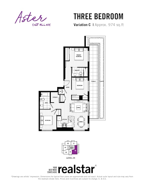 A floor plan for a three bedroom apartment.