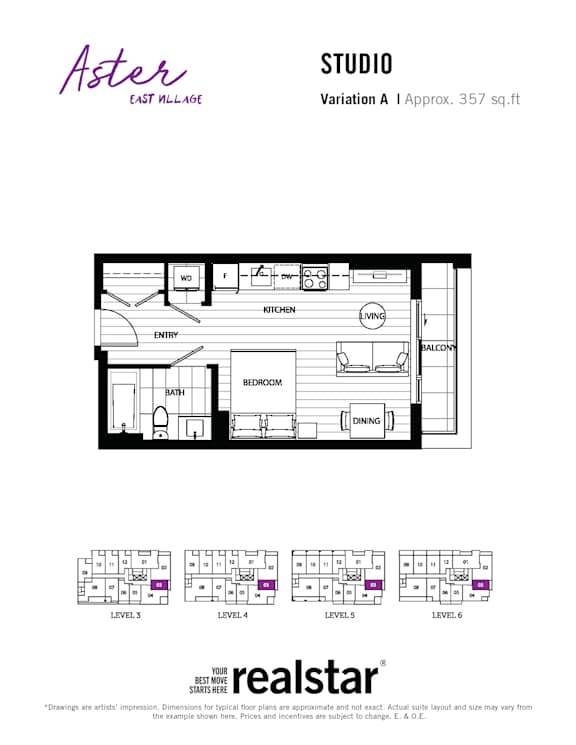 A floor plan for a studio apartment with a kitchen, living room, bedroom, and bathroom.