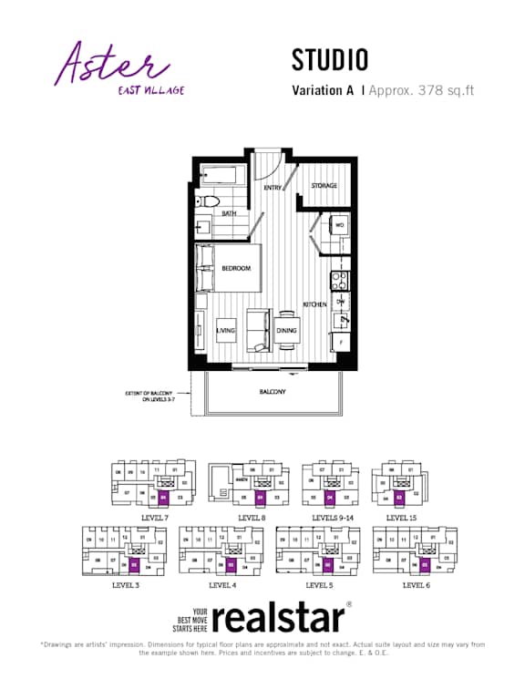 A floor plan for a studio apartment with a balcony and a kitchenette.