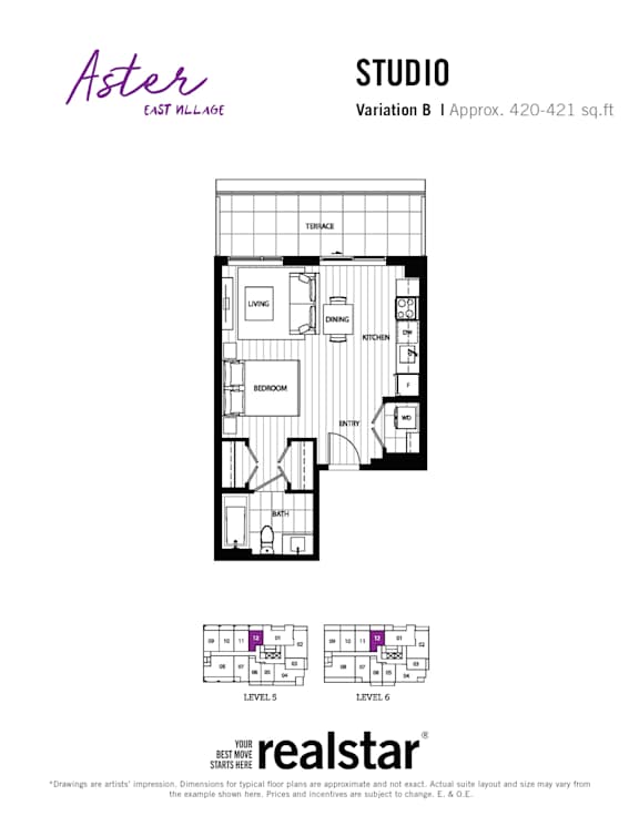 A floor plan for a real estate listing for a studio apartment.