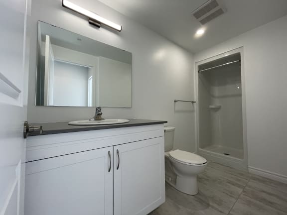 Bayfield Tower Apartments 1 bedroom 1 bathroom variation E bathroom with vanity, mirror, toilet and walk-in shower