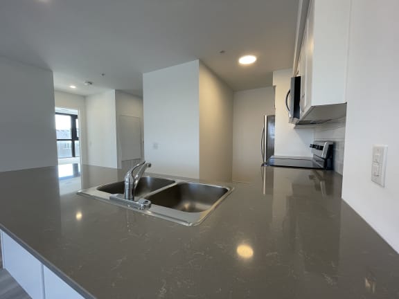 Bayfield Tower Apartments 1 bedroom 1 bathroom variation E kitchen with close up of quartz countertops and double sink