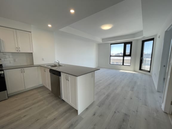 Bayfield Tower Apartments 1 bedroom 2 bathroom variation A open-concept kitchen and living room