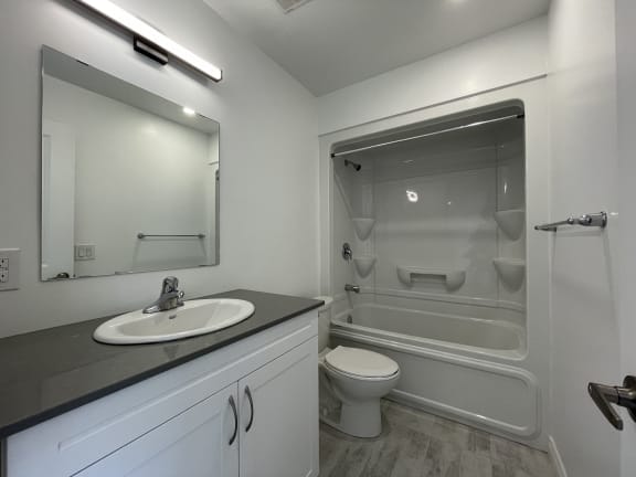 Bayfield Tower Apartments 2 bedroom 1 bathroom variation B bathroom with vanity, mirror, toilet and tub with a a shower