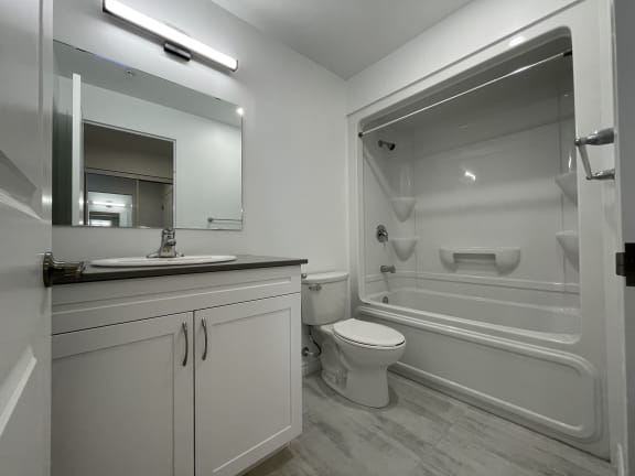 Bayfield Tower 2 bedroom 2 bathroom variation A bathroom with vanity, mirror, toilet and tub with a shower
