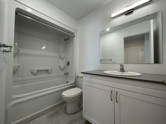 Bayfield Tower 2 bedroom 2 bathroom variation B bathroom with vanity, mirror, toilet and tub with a shower