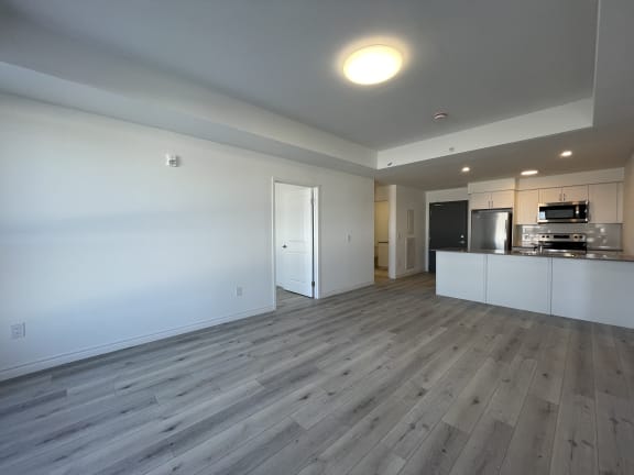 Bayfield Tower 2 bedroom 2 bathroom variation B living room with open-concept kitchen in background