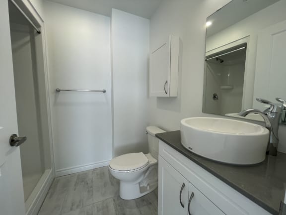Bayfield Tower Apartments 3 bedroom 2 bathroom variation A primary ensuite bathroom with vanity with top-mount vessel sink, toilet and walk-in shower