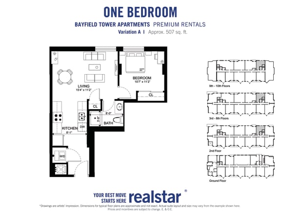 1 bedroom 1 bathroom variation A floor plan, showing furniture placement, at Bayfield Tower Apartments in Barrie, ON