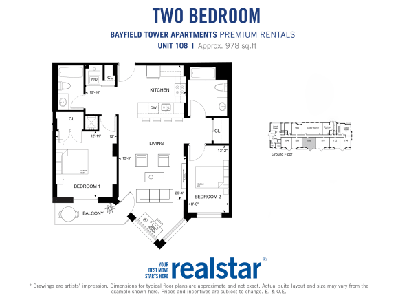 2 bedroom 2 bathroom variation C floor plan, showing furniture placement, at Bayfield Tower Apartments in Barrie, ON