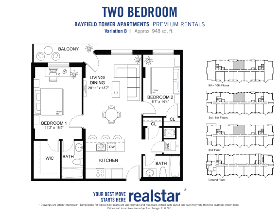 2 bedroom 2 bathroom variation B floor plan, showing furniture placement, at Bayfield Tower Apartments in Barrie, ON