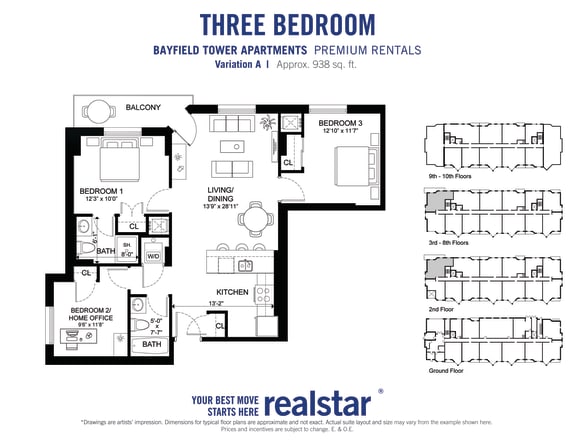 3 bedroom 2 bathroom variation A floor plan, showing furniture placement, at Bayfield Tower Apartments in Barrie, ON