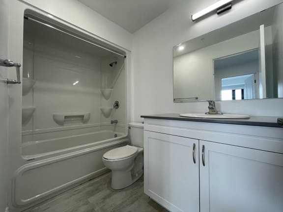 Bayfield Tower Apartments 2 bedroom 2 bathroom variation D main bathroom with vanity, large mirror, toilet and tub with a shower