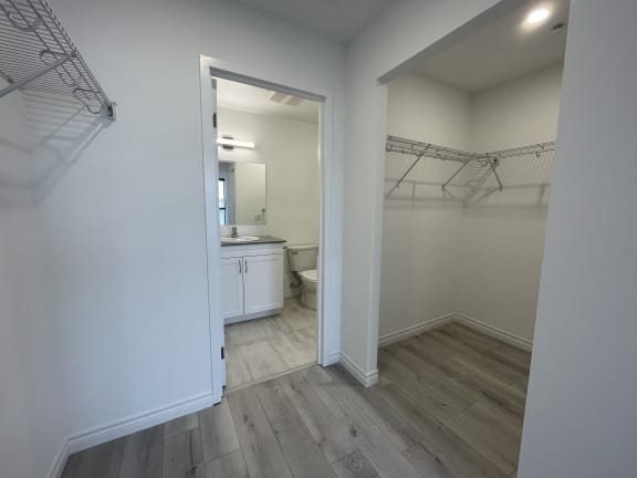 Bayfield Tower Apartments 2 bedroom 2 bathroom variation D walkthrough closet with ensuite bathroom seen in the background