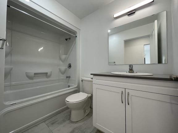 Bayfield Tower 2 bedroom 2 bathroom variation E main bathroom with vanity, large mirror, toilet and tub with a shower