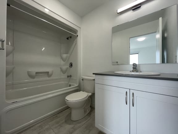 Bayfield Tower 2 bedroom 2 bathroom variation E ensuite bathroom with vanity, mirror, toilet and tub with a shower