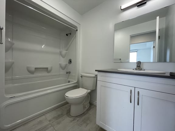 Bayfield Tower Apartments 3 bedroom 2 bathroom variation B bathroom with vanity, mirror, toilet and tub with a shower