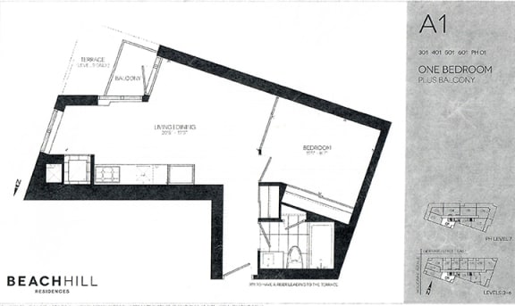 One bedroom, one bathroom apartment layout at BeachHill Apartments in Toronto, ON