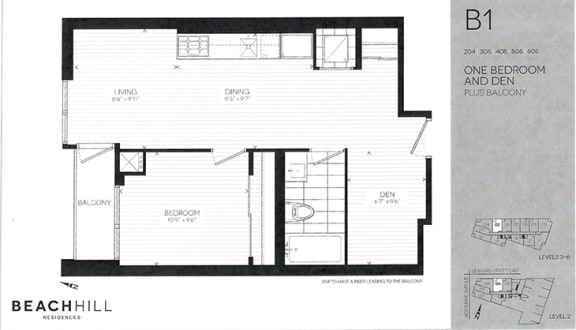 One bedroom plus den, one bathroom apartment layout at BeachHill Apartments in Toronto, ON