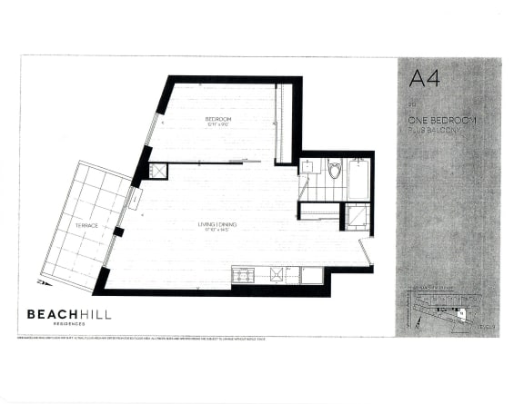 One bedroom, one bathroom apartment layout at BeachHill Apartments in Toronto, ON