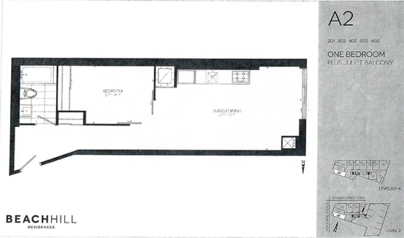One bedroom, one bathroom apartment layout at BeachHill Apartments in Toronto, ON