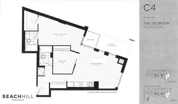 Two bedroom, two bathroom apartment layout at BeachHill Apartments in Toronto, ON