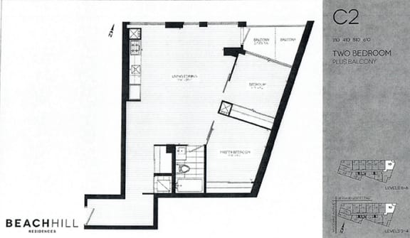 Two bedroom, one bathroom apartment layout at BeachHill Apartments in Toronto, ON