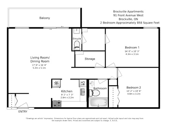 A floorplan of a two bedroom, one bathroom apartment layout at Brockville Apartments in Brockville, ON