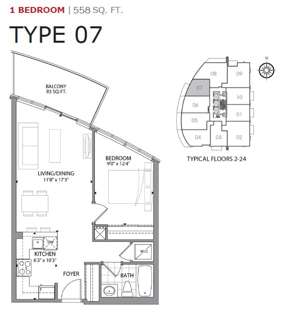 One bedroom, one bathroom apartment layout at Cityview Apartments in Brampton, ON