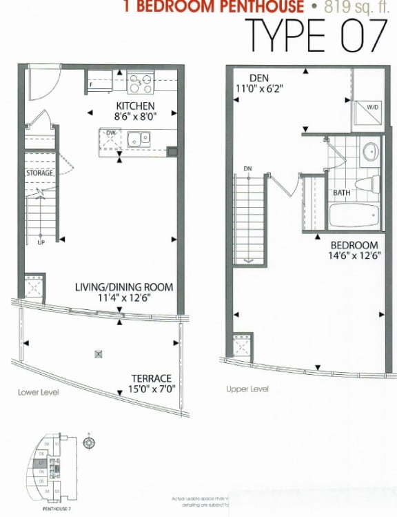 the floor plans for the two bedroom pent house type 01 and 02